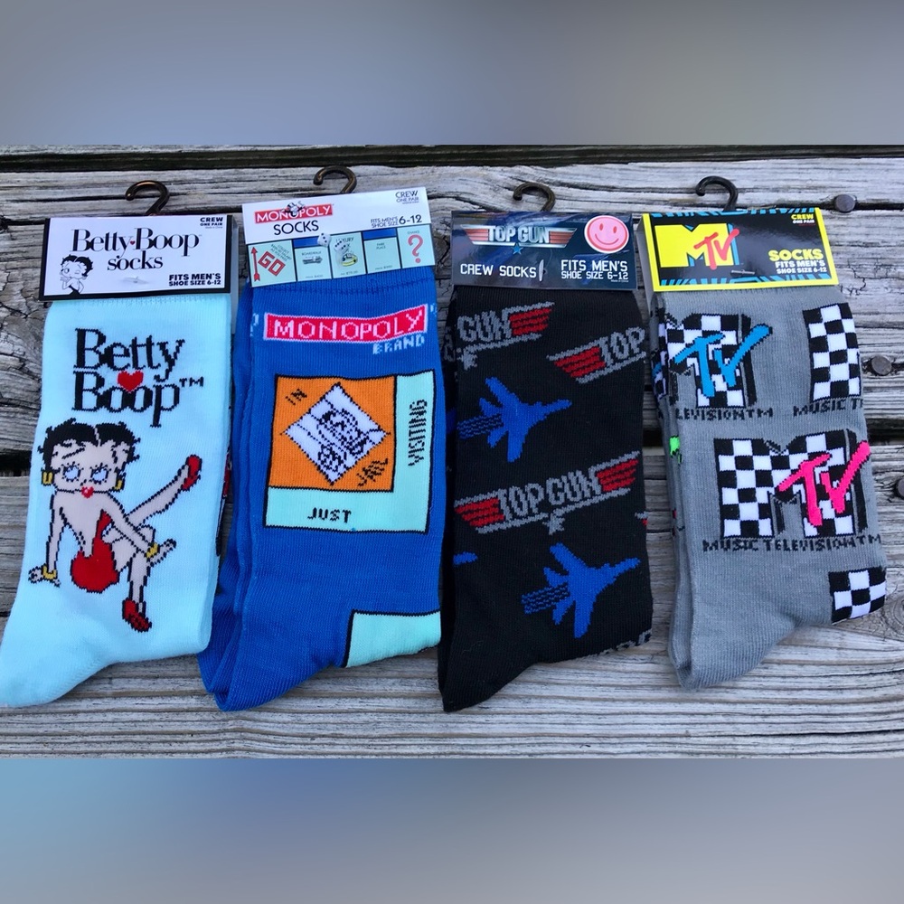 NEW Lot 4 Mens Novelty MTV Top Gun Monopoly Betty Boop Character Socks Guy Gift